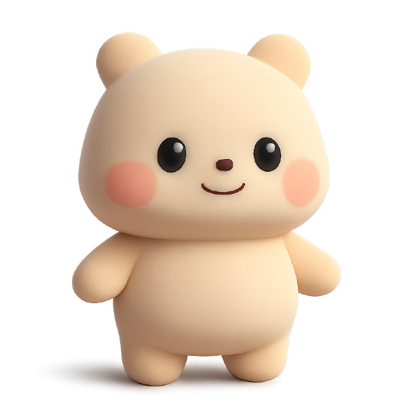 A 3D-rendered digital image of an adorable cartoon [character], designed in a soft, minimalist style. The character features smooth rounded shapes, a plump and simplified body, glossy black eyes, small limbs, and rosy cheeks. Rendered in Cinema4D + Redshift quality, with soft diffused lighting and no hard shadows. Background is transparent. Colors are pastel and balanced, enhancing a cute, calm, and playful vibe. Texture is matte and plush-like, with subtle shading to give gentle depth. Use front or ¾ angle. One variation only.A 3D-rendered digital image of an adorable cartoon [character], designed in a soft, minimalist style. The character features smooth rounded shapes, a plump and simplified body, glossy black eyes, small limbs, and rosy cheeks. Rendered in Cinema4D + Redshift quality, with soft diffused lighting and no hard shadows. Background is transparent. Colors are pastel and balanced, enhancing a cute, calm, and playful vibe. Texture is matte and plush-like, with subtle shading to give gentle depth. Use front or ¾ angle. One variation only.